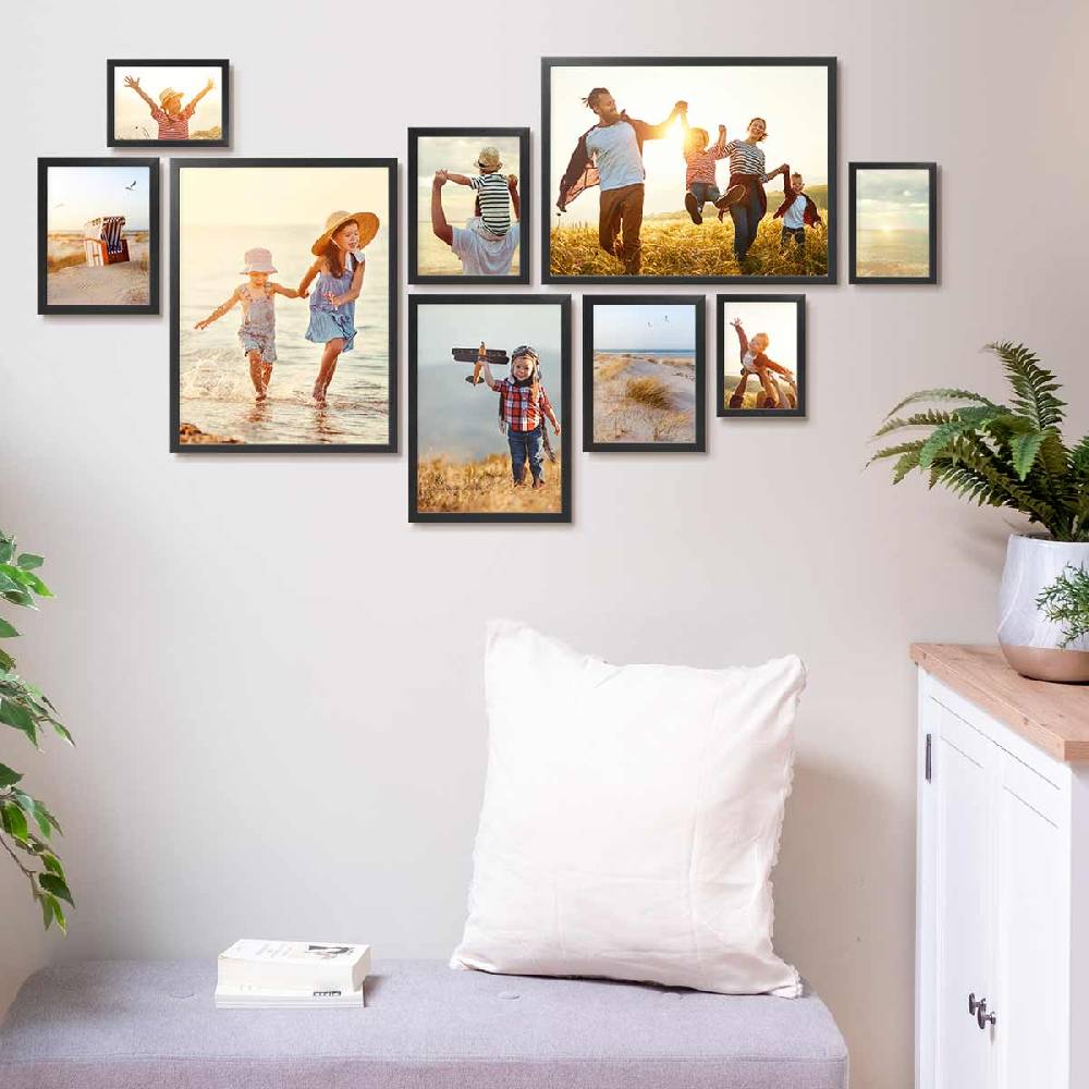 Photolini 9er Bilderrahmen-Set Schwarz Massivholz Schmal 10x15 bis 30x40 cm mit Acrylglasscheibe Fabrikpreis