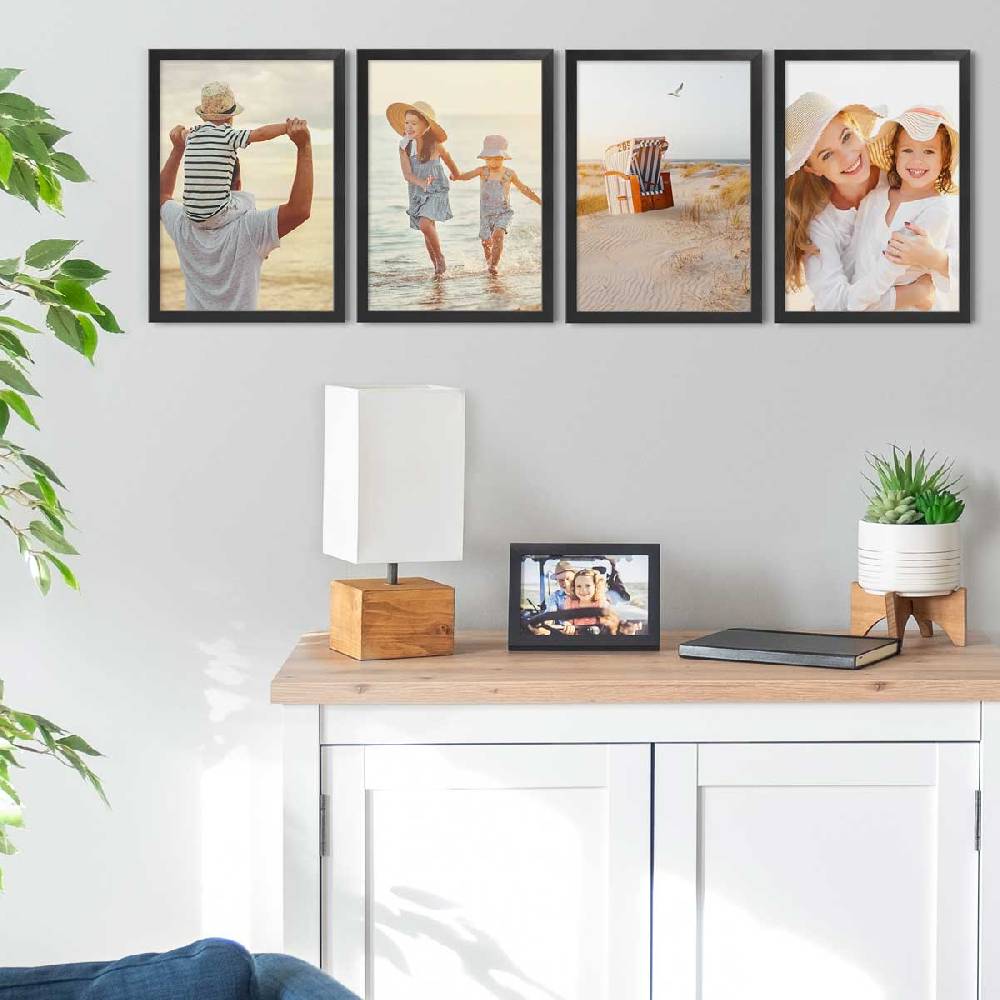 Photolini 4er Bilderrahmen-Set Schwarz Massivholz Schmal 21x30 cm / DIN A4 mit Acrylglasscheibe