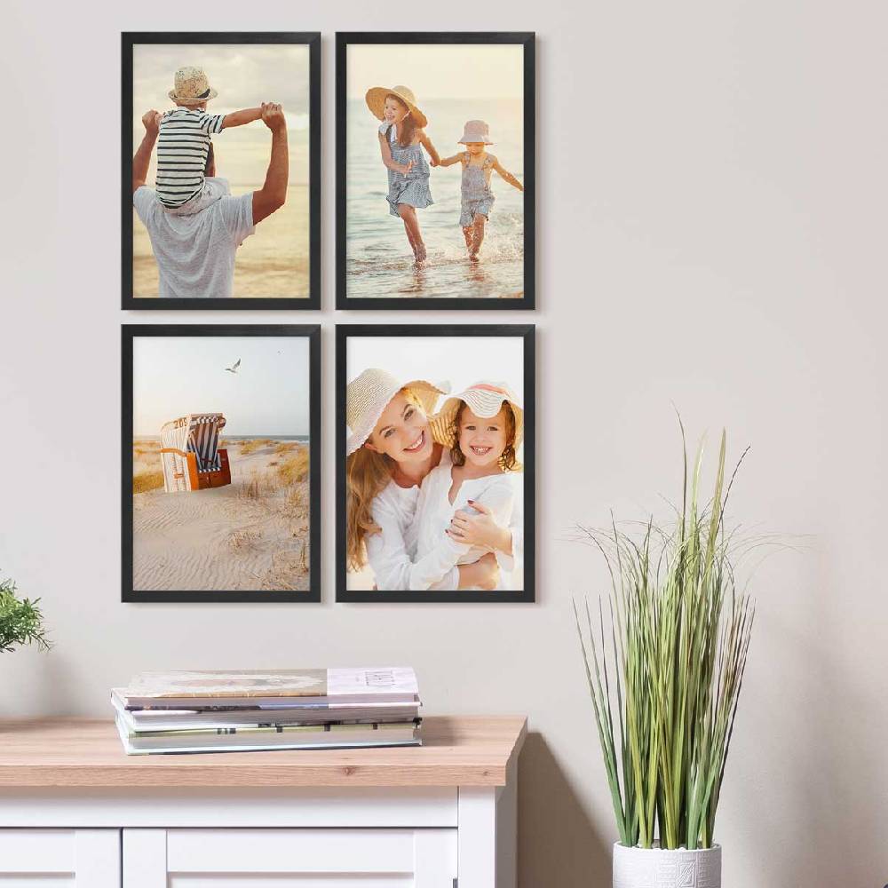 Photolini 4er Bilderrahmen-Set Schwarz Massivholz Schmal 21x30 cm / DIN A4 mit Acrylglasscheibe Günstig kaufen