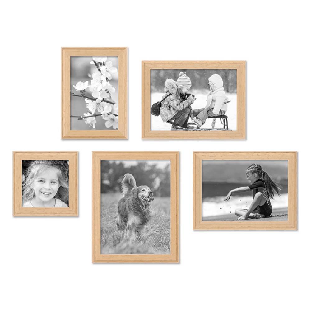 Photolini 5er Set Landhaus-Bilderrahmen Holz Natur Massivholz inkl. Zubehör Flash Sale