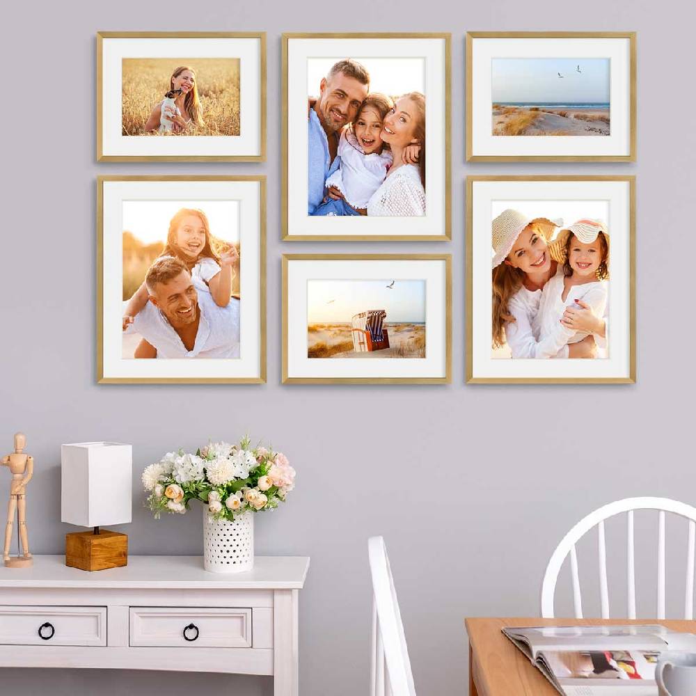Photolini 6er Set Poster-Bilderrahmen 30x40 cm und 40x50 cm Modern Gold MDF mit Passepartout