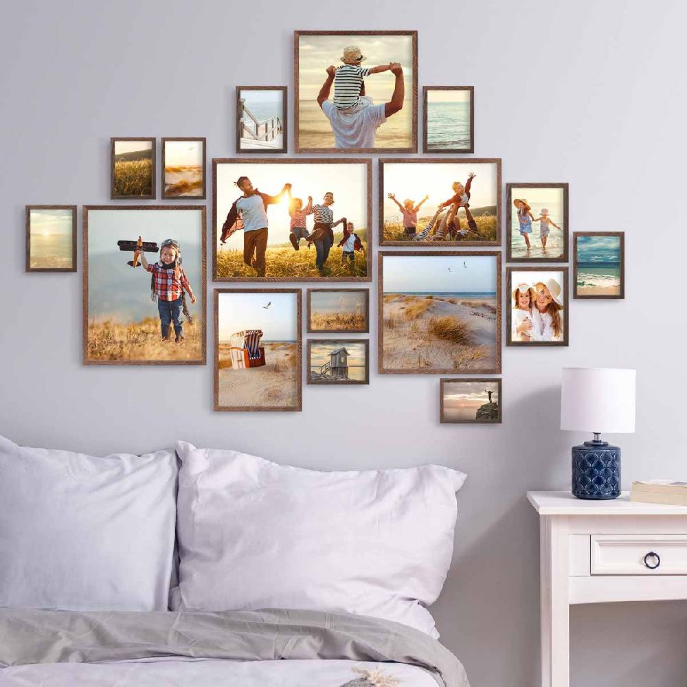 Photolini 17er Bilderrahmen-Set Eiche Dunkel Massivholz Schmal 10x15 bis 30x40 cm mit Acrylglasscheibe