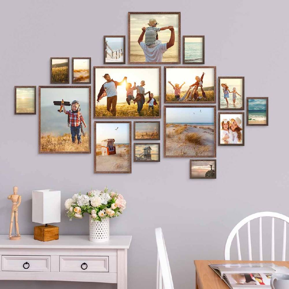 Photolini 17er Bilderrahmen-Set Eiche Dunkel Massivholz Schmal 10x15 bis 30x40 cm mit Acrylglasscheibe Online Shopping