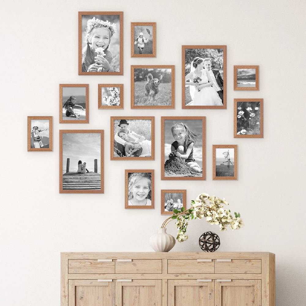 Photolini 15er Set Landhaus-Bilderrahmen Eiche-Optik Massivholz