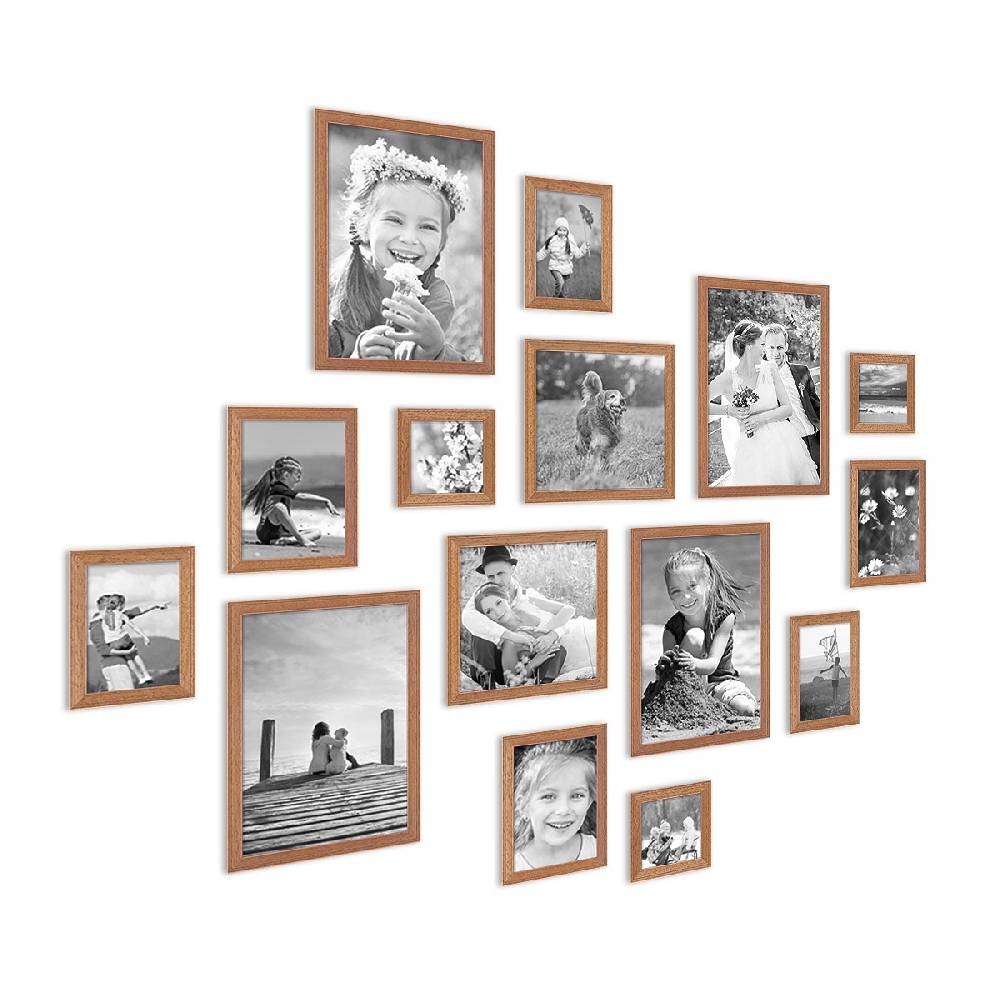 Photolini 15er Set Landhaus-Bilderrahmen Eiche-Optik Massivholz Preisnachlass