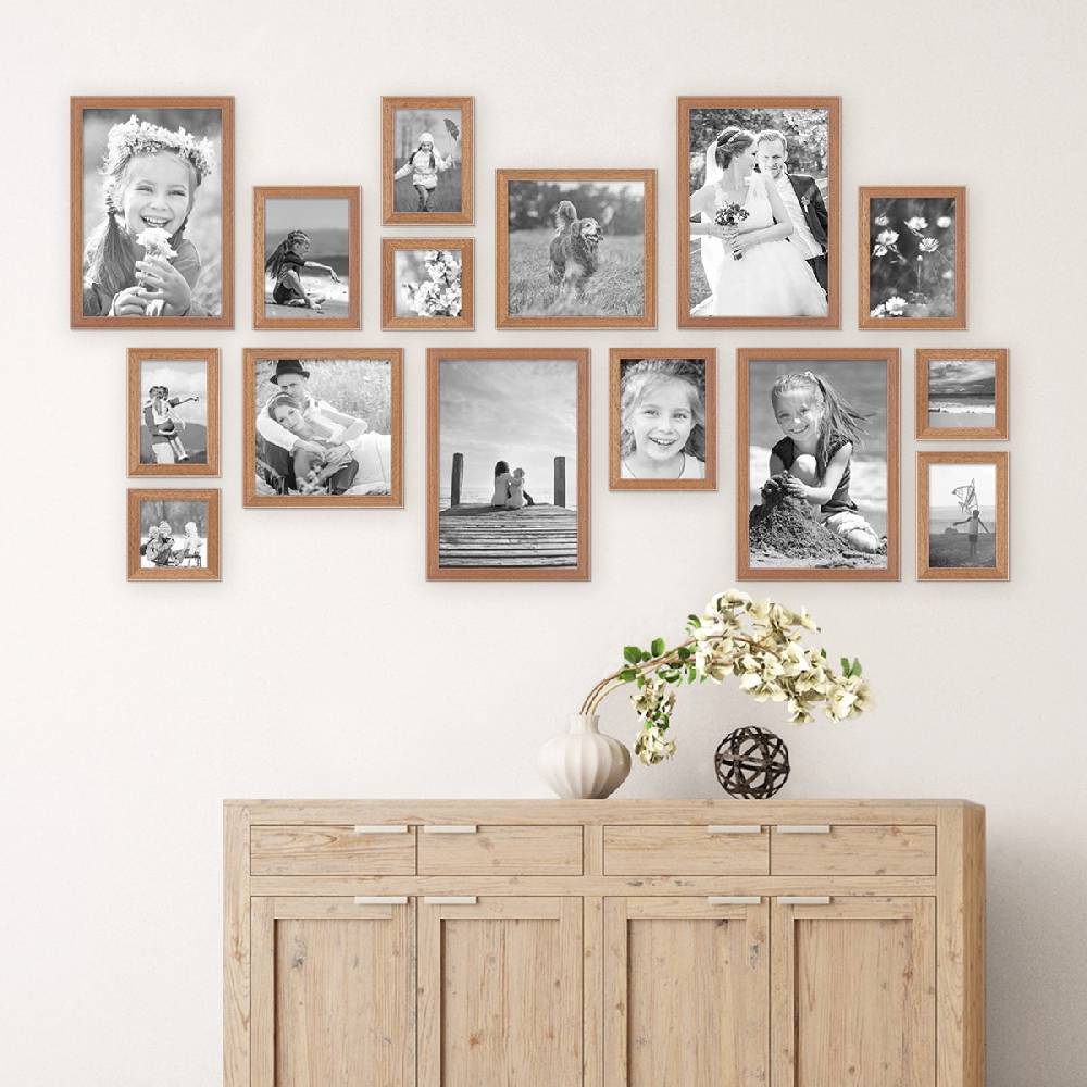 Photolini 15er Set Landhaus-Bilderrahmen Eiche-Optik Massivholz Preisnachlass