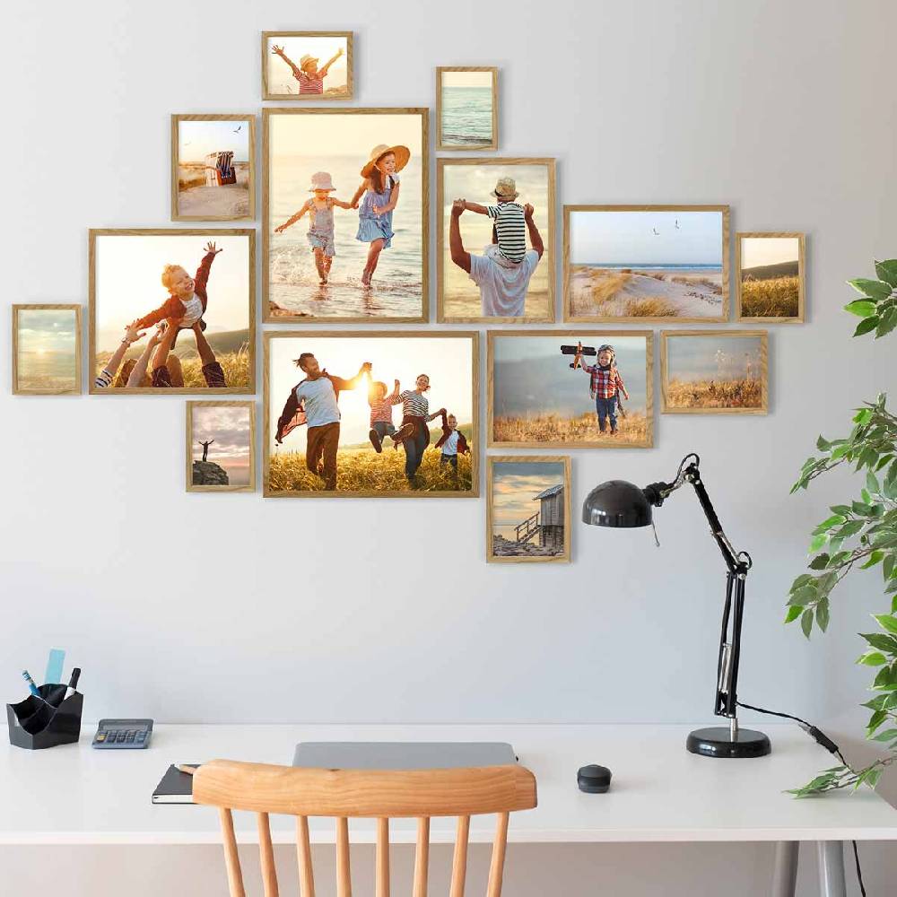 Photolini 14er Bilderrahmen-Set Eiche Massivholz Schmal 10x15 bis 30x40 cm mit Acrylglasscheibe