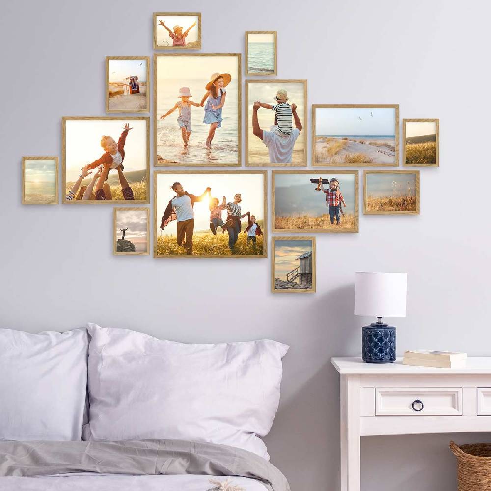 Photolini 14er Bilderrahmen-Set Eiche Massivholz Schmal 10x15 bis 30x40 cm mit Acrylglasscheibe Black Friday