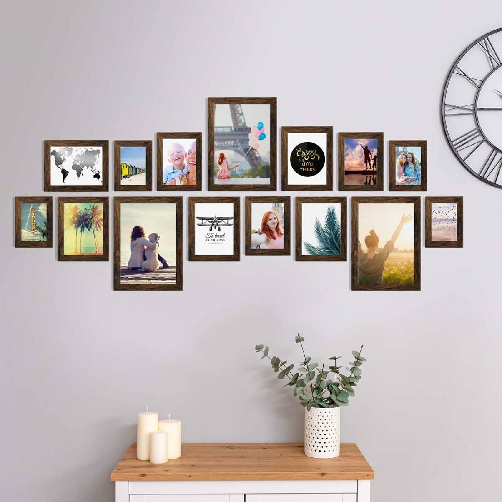Photolini 15er Bilderrahmen-Set Eiche Dunkel breit modern MDF-Holz mit Acrylglas