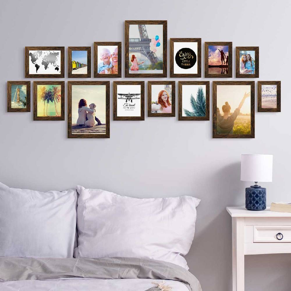 Photolini 15er Bilderrahmen-Set Eiche Dunkel breit modern MDF-Holz mit Acrylglas Cyber Monday