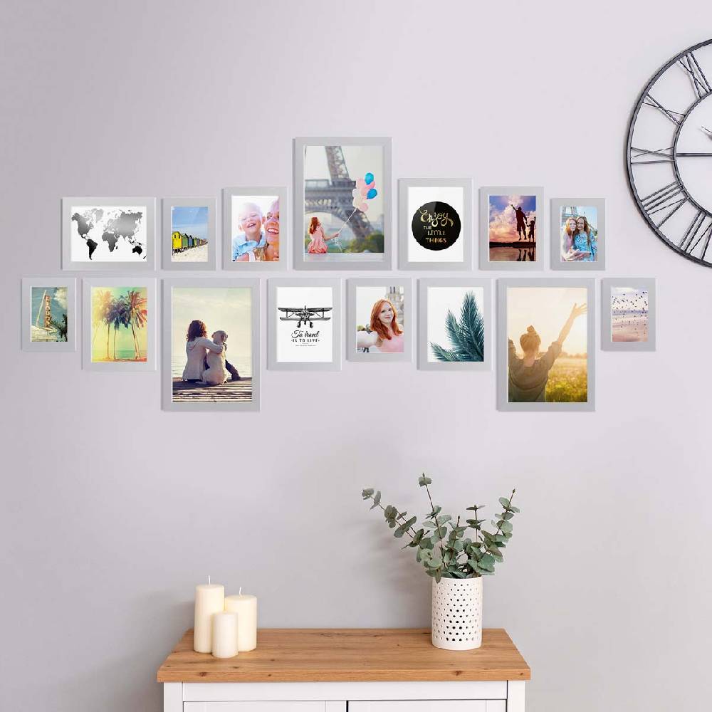 Photolini 15er Bilderrahmen-Set Silber breit modern MDF-Holz mit Acrylglas