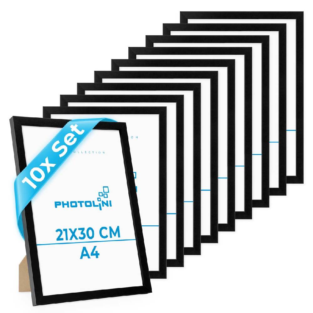 Photolini 10er Bilderrahmen-Set 21x30 cm DIN A4 Modern Schwarz aus MDF mit Acrylglas