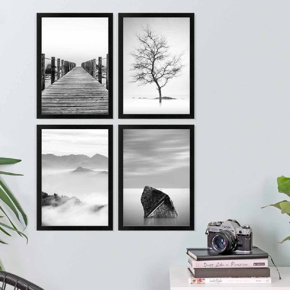 Photolini 4er Set Poster-Bilderrahmen Schwarz 21x30 cm / DIN A4 Modern aus MDF mit Acrylglas