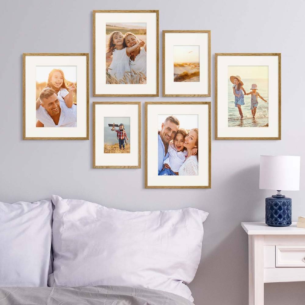 Photolini 6er Bilderrahmen-Set Eiche aus Massivholz 21x30 cm/DIN A4 und 30x40 cm mit Passepartout mit Acrylglasscheibe