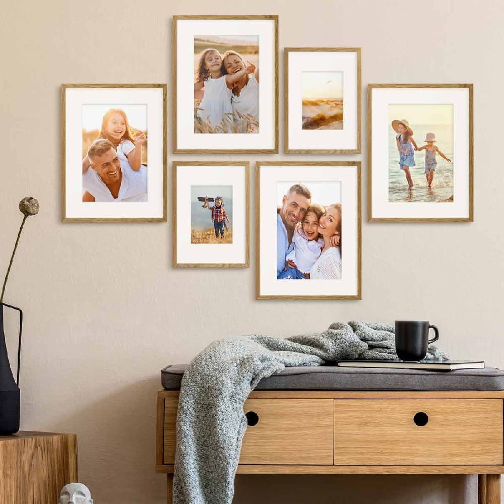 Photolini 6er Bilderrahmen-Set Eiche aus Massivholz 21x30 cm/DIN A4 und 30x40 cm mit Passepartout mit Acrylglasscheibe Heißer Verkauf