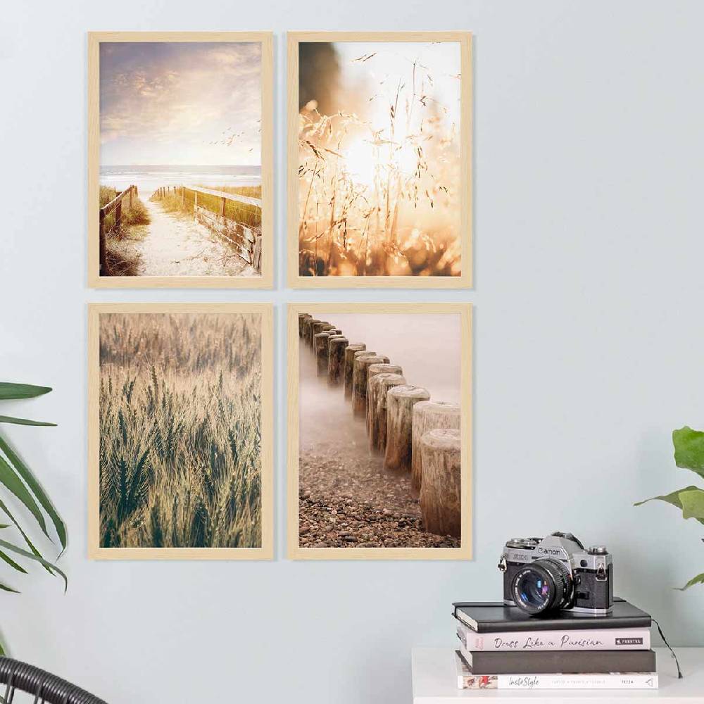 Photolini 4er Set Poster-Bilderrahmen Natur 21x30 cm / DIN A4 Modern aus MDF mit Acrylglas