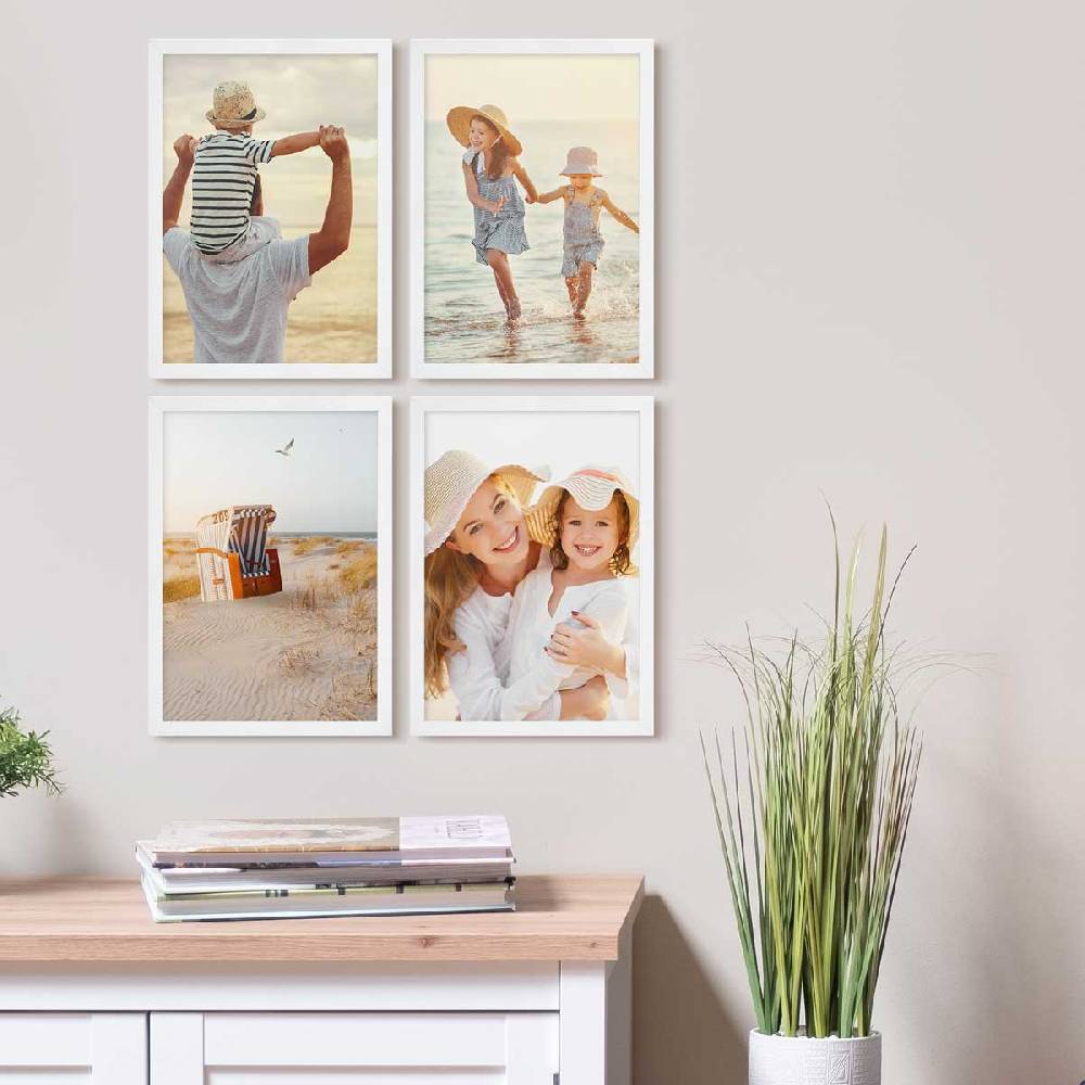 Photolini 4er Bilderrahmen-Set Weiß Massivholz Schmal 21x30 cm / DIN A4 mit Acrylglasscheibe