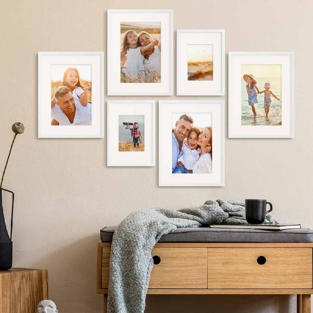 Photolini 6er Bilderrahmen-Set Weiß aus Massivholz 21x30 cm/DIN A4 und 30x40 cm mit Passepartout mit Acrylglasscheibe