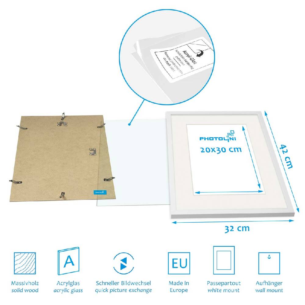Photolini 6er Bilderrahmen-Set Weiß aus Massivholz 21x30 cm/DIN A4 und 30x40 cm mit Passepartout mit Acrylglasscheibe Blitzangebot