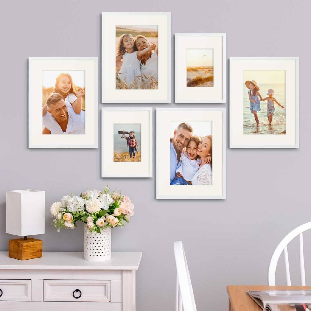 Photolini 6er Bilderrahmen-Set Weiß aus Massivholz 21x30 cm/DIN A4 und 30x40 cm mit Passepartout mit Acrylglasscheibe Blitzangebot
