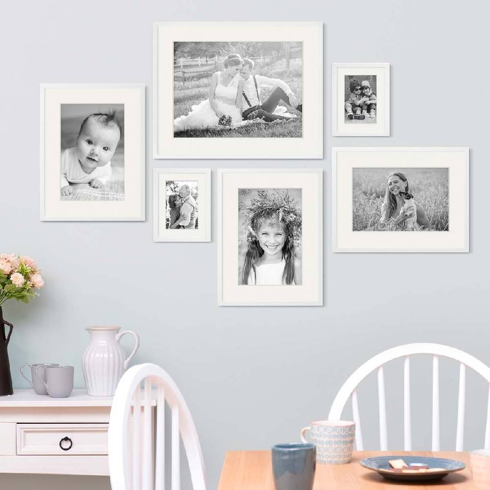 Photolini 6er Set Bilderrahmen Holz, Weiß 15x20, 30x40 und 40x50 cm mit Passepartout