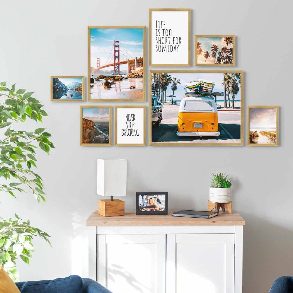 Photolini 8er Bilderrahmen-Set Modern Gold aus MDF 13x18 bis 40x50 cm