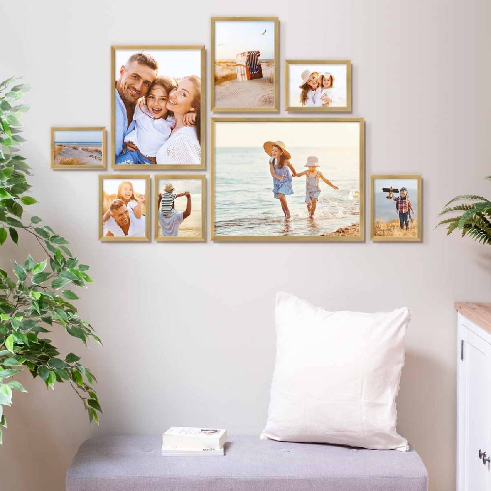 Photolini 8er Bilderrahmen-Set Modern Gold aus MDF 13x18 bis 40x50 cm Kauf eins, bekomm eins gratis
