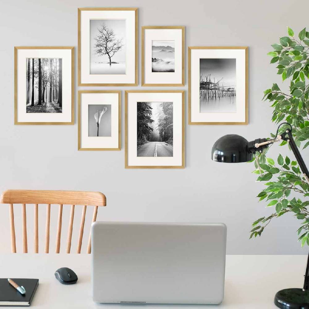Photolini 6er Bilderrahmen-Set Modern Gold aus MDF 21x30 cm / DIN A4 und 30x40 cm mit Passepartout