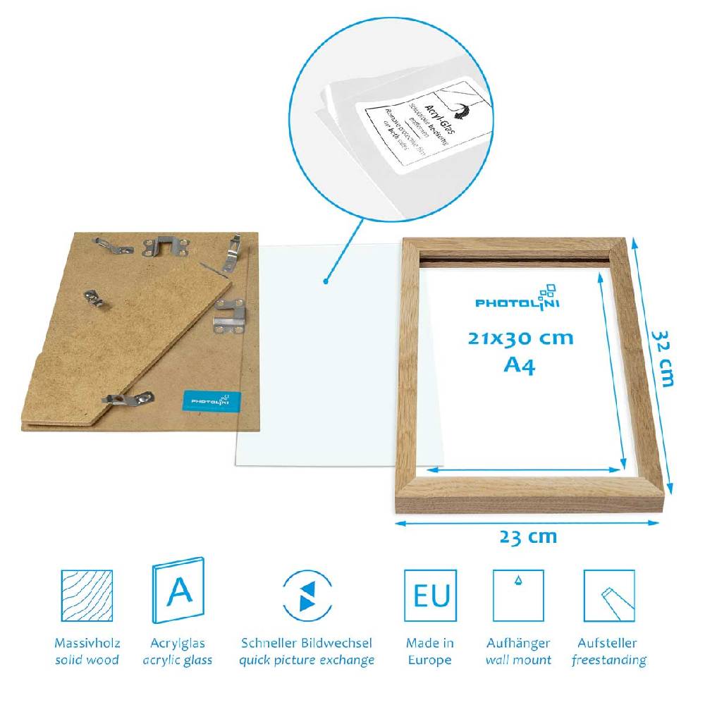 Photolini 15er Bilderrahmen-Set Eiche aus Massivholz Schmal Treppenhaus 10x15 bis 21x30 cm mit Acrylglasscheibe Sonderangebote
