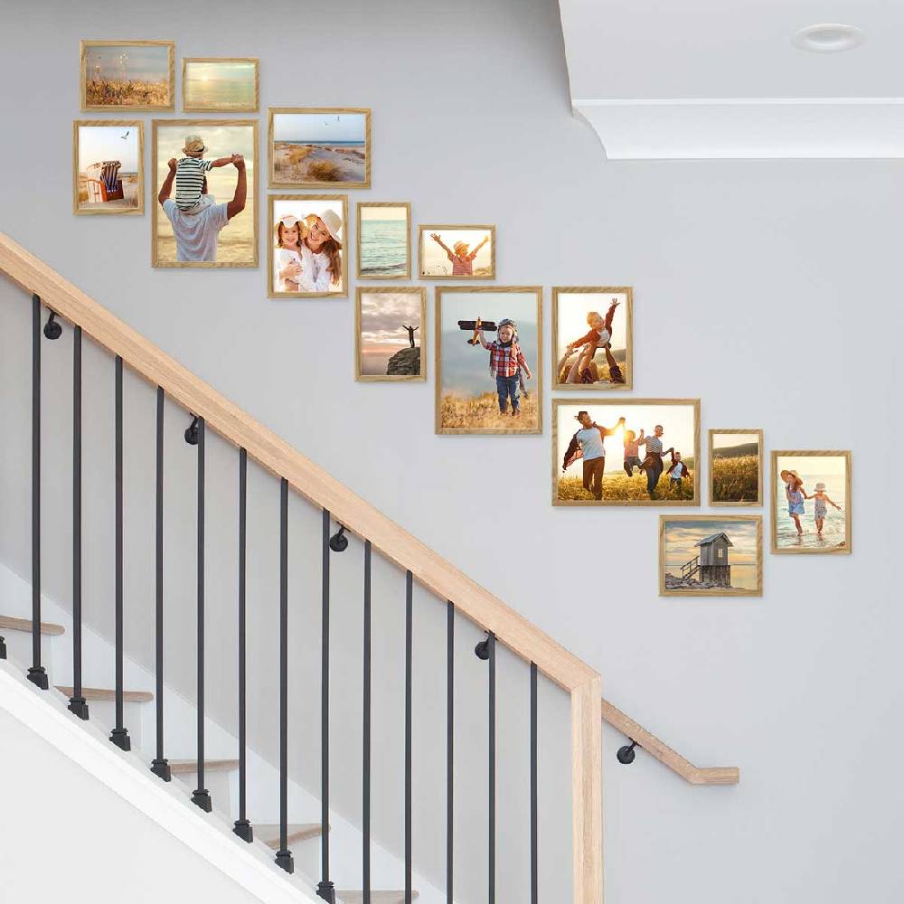 Photolini 15er Bilderrahmen-Set Eiche aus Massivholz Schmal Treppenhaus 10x15 bis 21x30 cm mit Acrylglasscheibe Sonderangebote