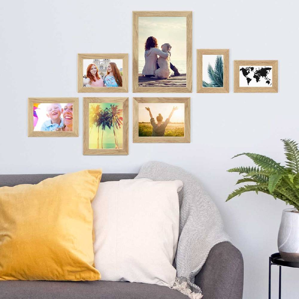 Photolini 7er Bilderrahmen-Set Eiche breit modern Massivholz mit Acrylglas Riesige Ersparnisse