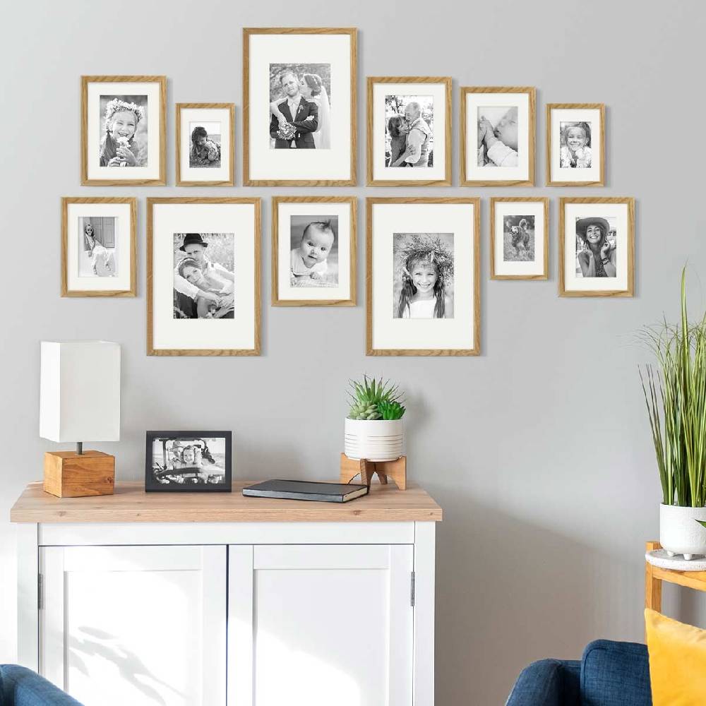 Photolini 12er Set Bilderrahmen Holz, Eiche mit Passepartout Tiefpreis