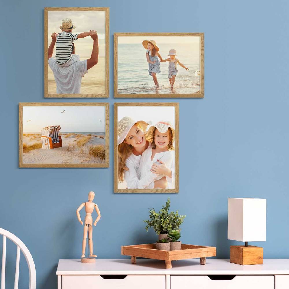 Photolini 4er Bilderrahmen-Set Eiche Massivholz Schmal 21x30 cm / DIN A4 mit Acrylglasscheibe