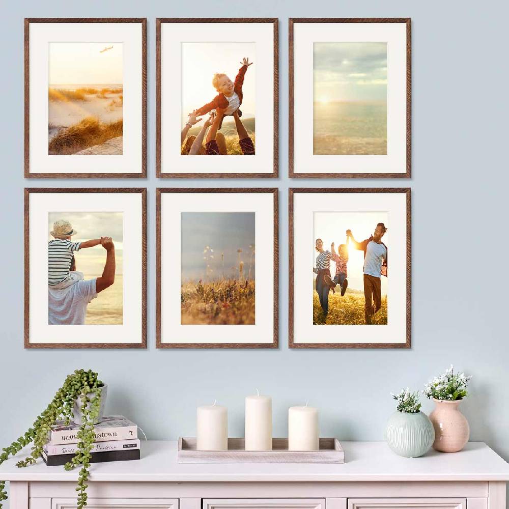Photolini 6er Bilderrahmen-Set Eiche Dunkel 30x40 cm mit Passepartout Massivholz mit Acrylglasscheibe
