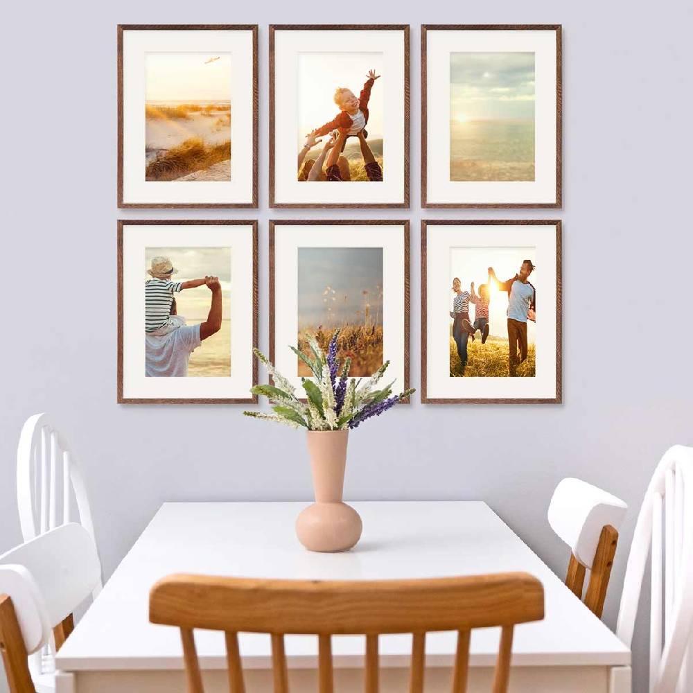Photolini 6er Bilderrahmen-Set Eiche Dunkel 30x40 cm mit Passepartout Massivholz mit Acrylglasscheibe Begrenzte Freigabe