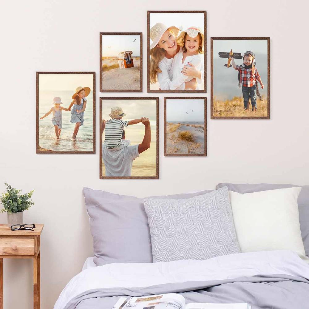 Photolini 6er Bilderrahmen-Set Eiche Dunkel aus Massivholz Schmal 2x 21x30 cm/DIN A4 und 4x 30x42 cm/DIN A3 mit Acrylglasscheibe Letzte 3 Tage