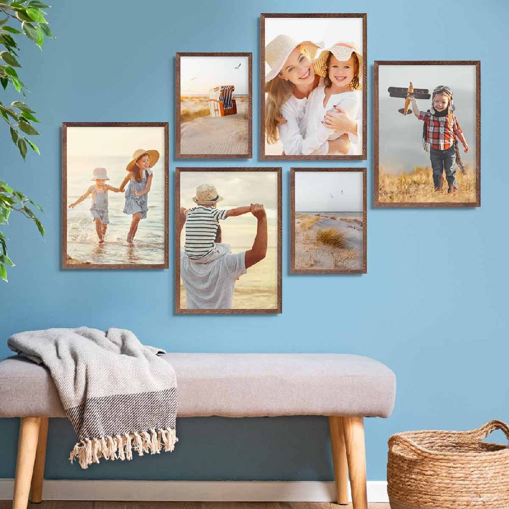 Photolini 6er Bilderrahmen-Set Eiche Dunkel aus Massivholz Schmal 2x 21x30 cm/DIN A4 und 4x 30x42 cm/DIN A3 mit Acrylglasscheibe Letzte 3 Tage