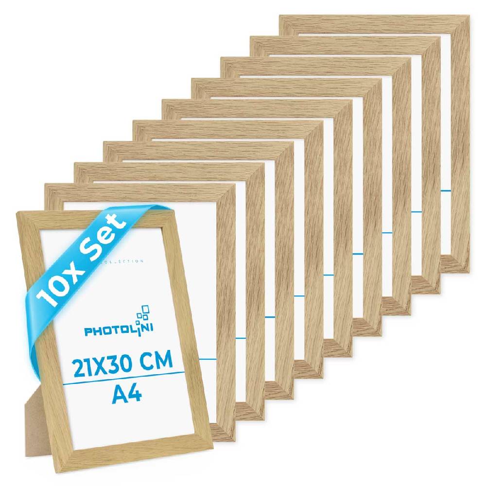 Photolini 10er Bilderrahmen-Set 21x30 cm DIN A4 Modern Eiche Massivholz Basic Collection