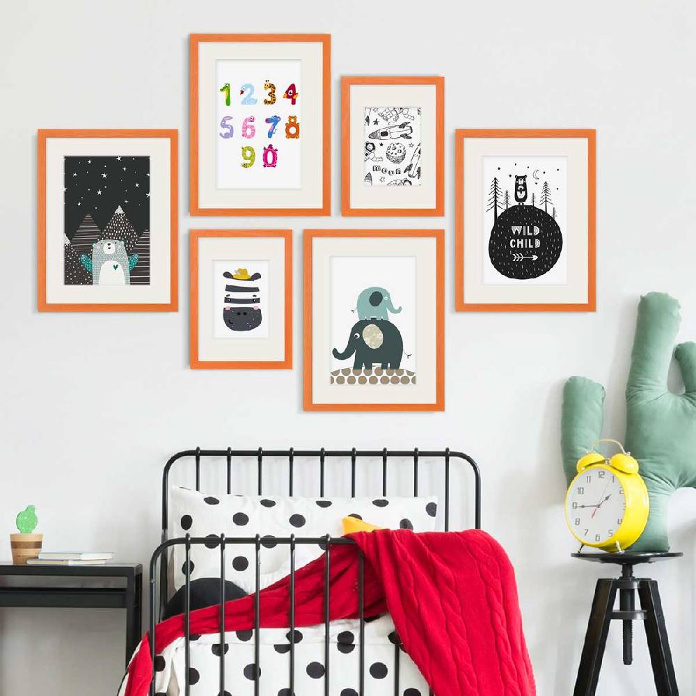 Photolini 6er Set Bilderrahmen Orange Massivholz mit Acrylglasscheibe 21x30 und 30x40 cm mit Passepartout