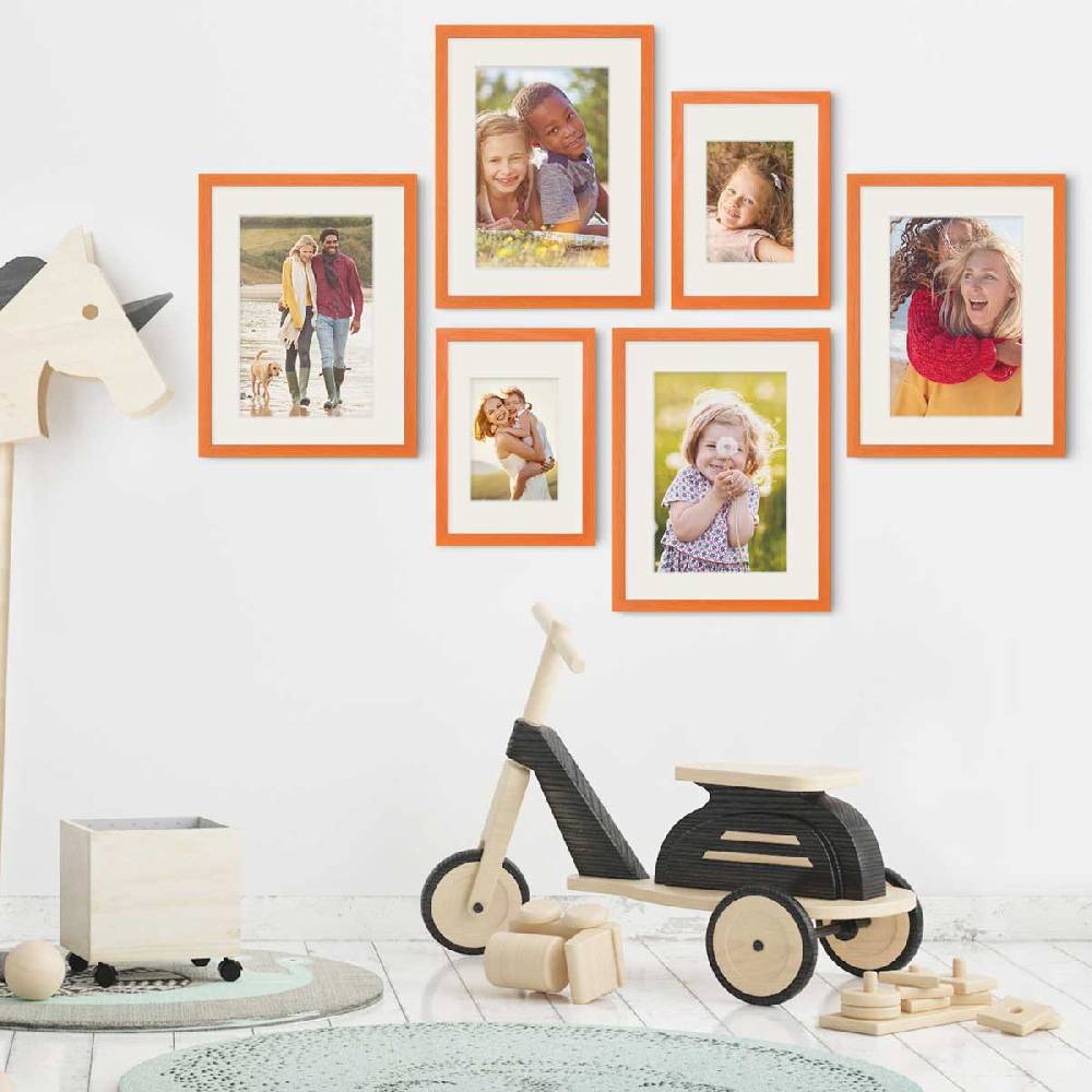 Photolini 6er Set Bilderrahmen Orange Massivholz mit Acrylglasscheibe 21x30 und 30x40 cm mit Passepartout Nur für heute