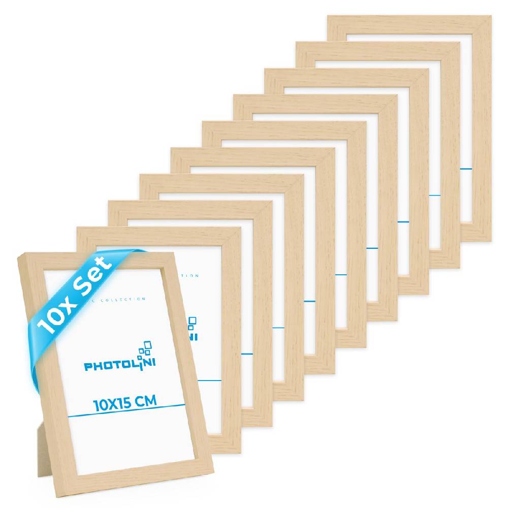 Photolini 10er Bilderrahmen-Set 10x15 cm Modern Natur aus MDF mit Acrylglas