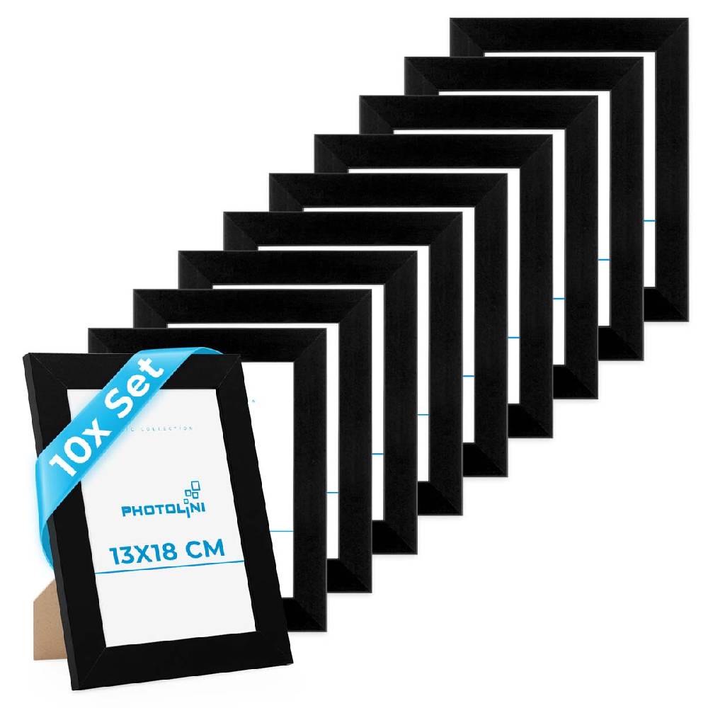 Photolini 10er Bilderrahmen-Set 13x18 cm Schwarz breit modern MDF-Holz | Acrylglas