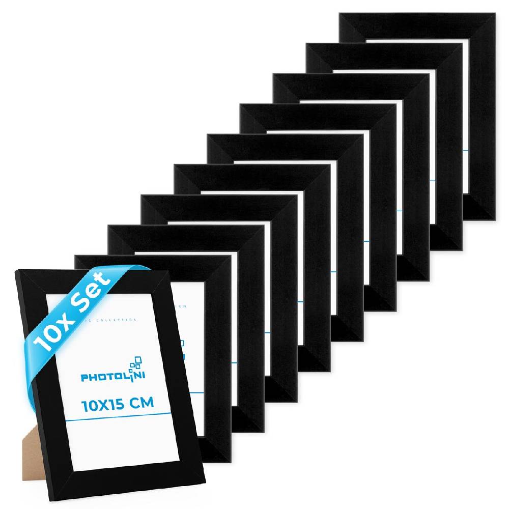 Photolini 10er Bilderrahmen-Set 10x15 cm Modern Schwarz MDF Basic Collection | Acrylglas