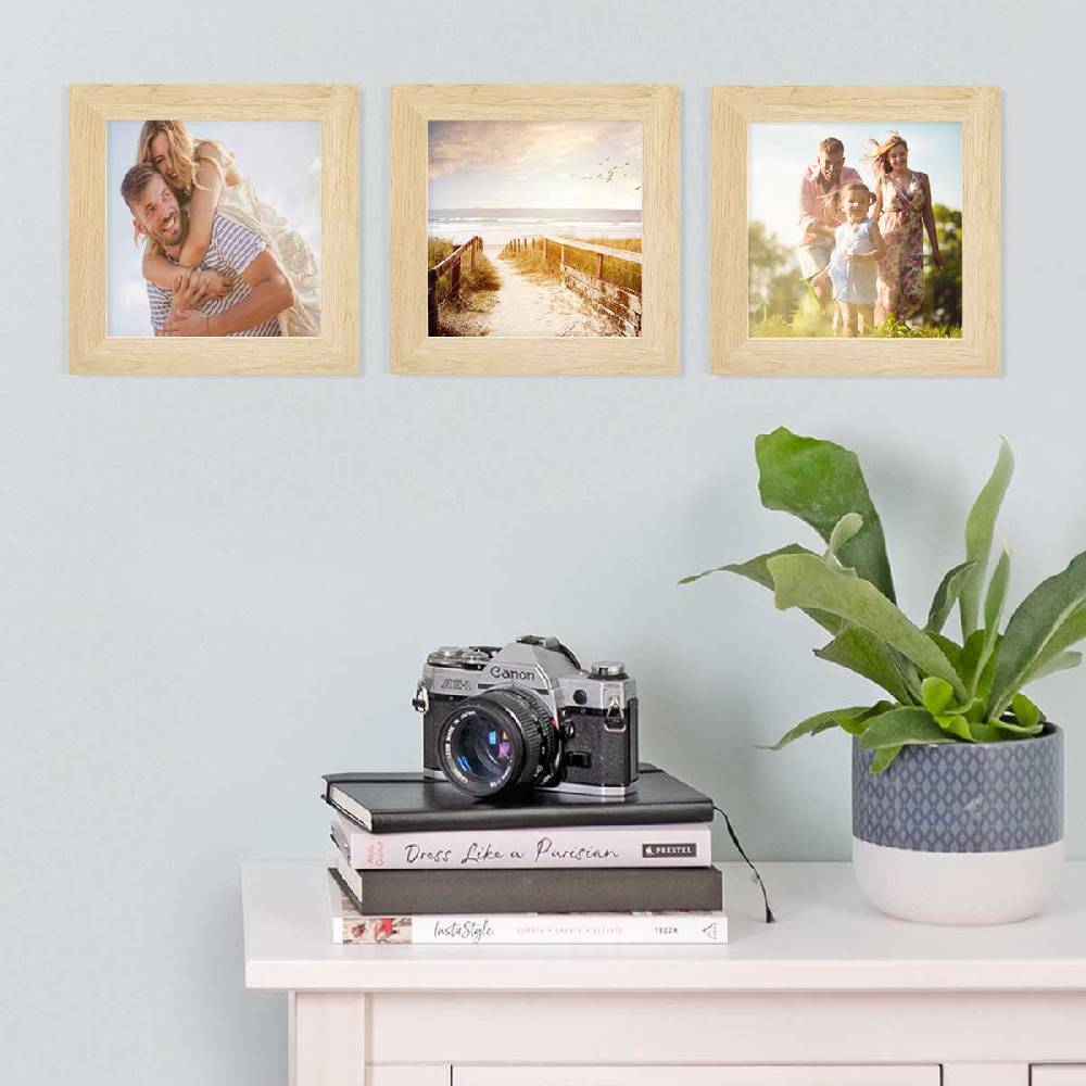 Photolini 3er Bilderrahmen-Set breit 15x15 cm Natur, MDF-Holz | Acrylglas
