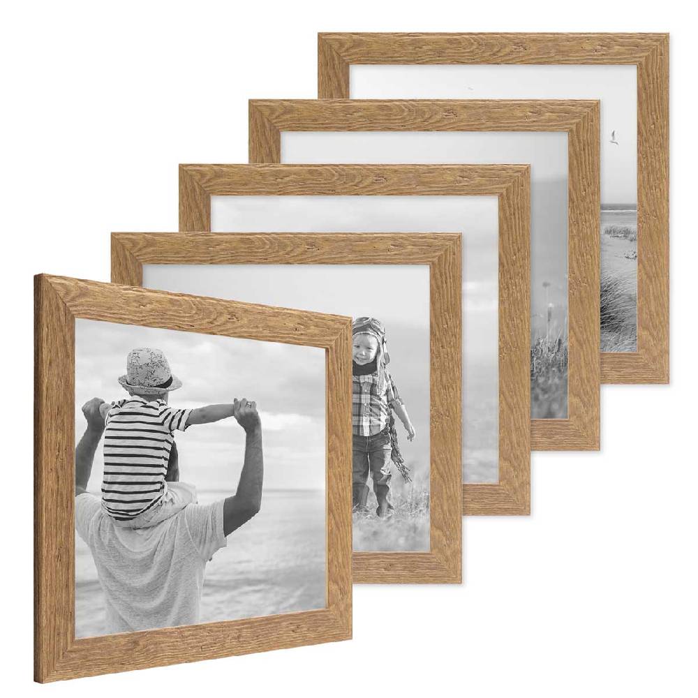 Photolini 5er Bilderrahmen-Set 30x30 cm Strandhaus Rustikal Eiche-Optik Natur Massivholz