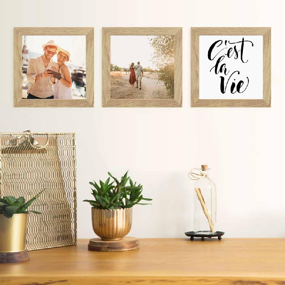 Photolini 3er Bilderrahmen-Set breit 20x20 cm Eiche Massivholz | Acrylglas