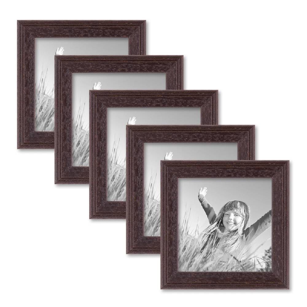 Photolini 5er Set Landhaus-Bilderrahmen 10x10 cm Nuss Modern Massivholz