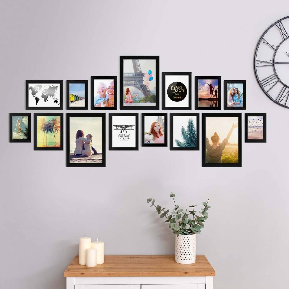 Photolini 15er Bilderrahmen-Set Schwarz breit modern MDF-Holz mit Acrylglas