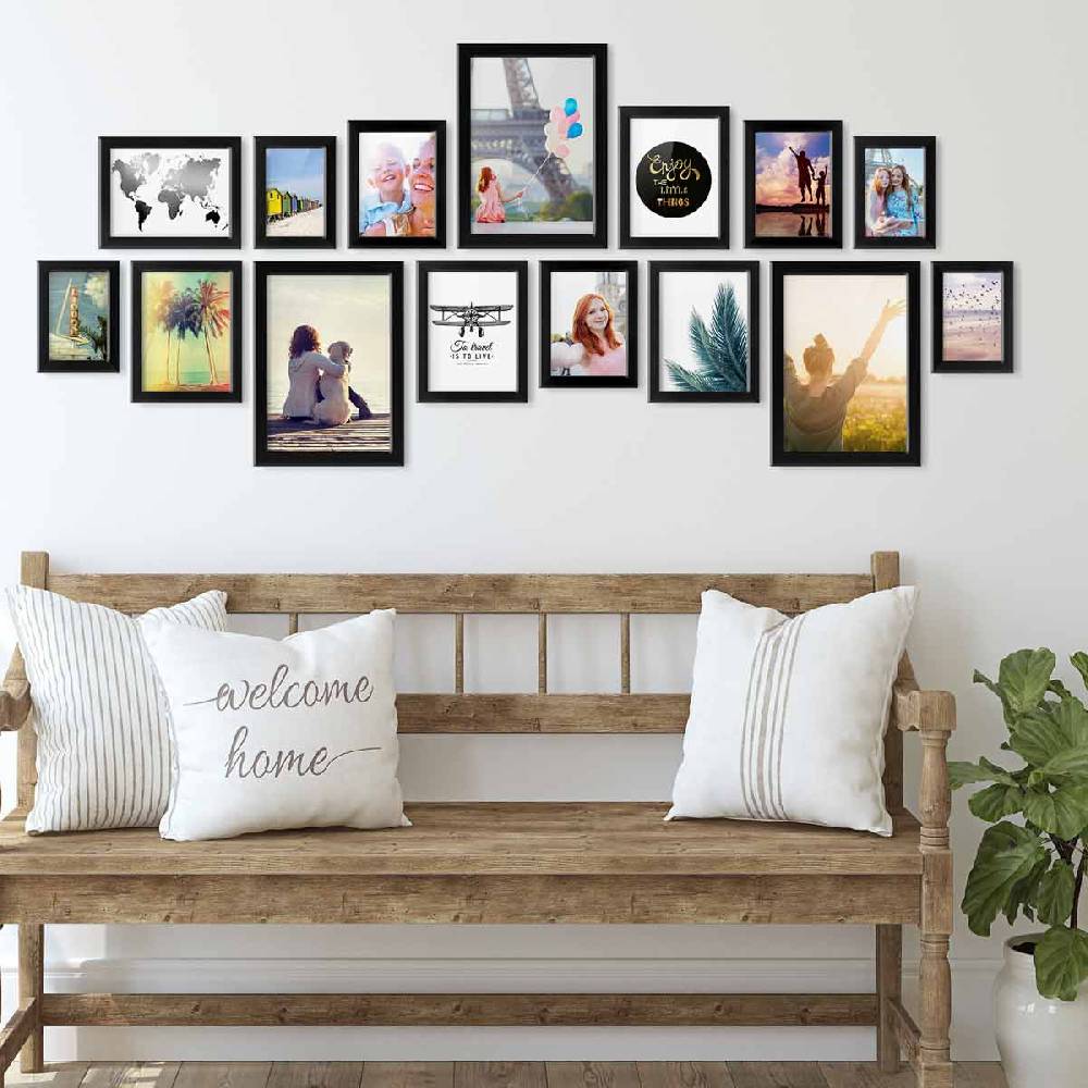 Photolini 15er Bilderrahmen-Set Schwarz breit modern MDF-Holz mit Acrylglas Limitierter Zeitrabatt