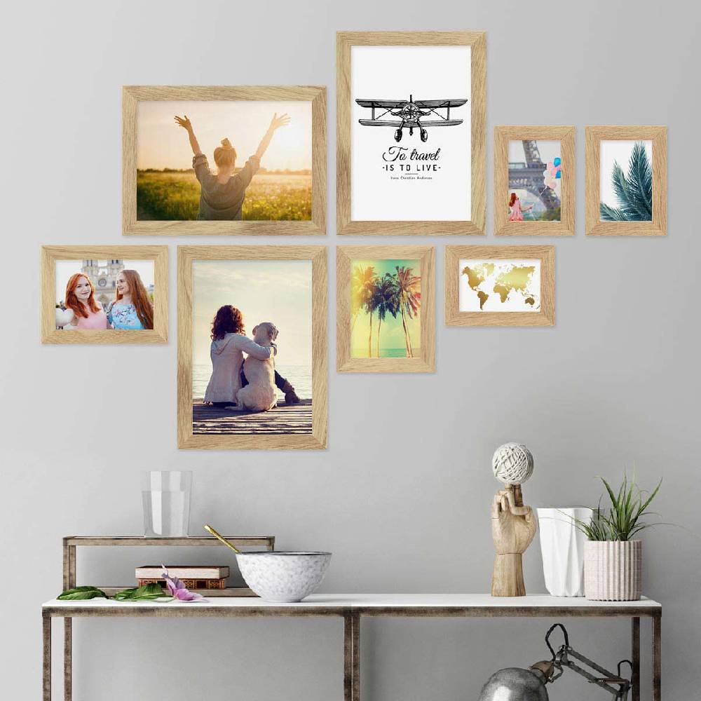 Photolini 8er Bilderrahmen-Set Eiche breit modern Massivholz mit Acrylglas